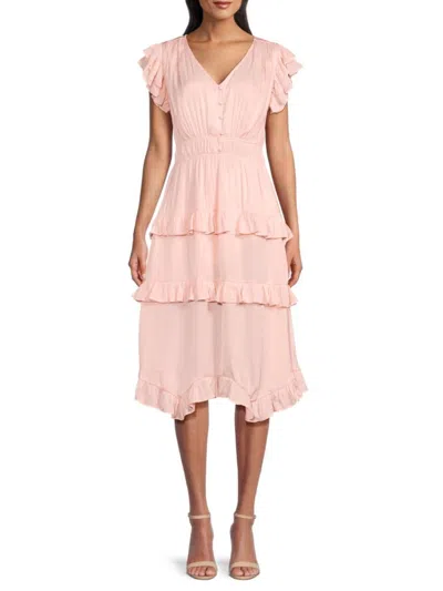 T Tahari Women's Flutter Sleeve Tiered Midi Dress In Pearl Pink