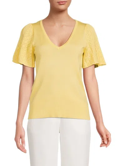 T Tahari Women's Flutter-sleeve V-neck Sweater Top In Yellow