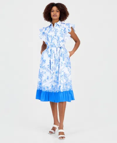 T Tahari Flutter Sleeve Midi Dress In Blue