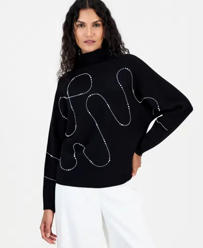 T Tahari Women's Funnel Neck Dolman Sleeve Embellished Sweater In Blue
