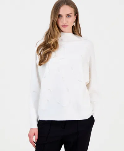 T Tahari Women's Funnel Neck Dolman Sleeve Embellished Sweater In White