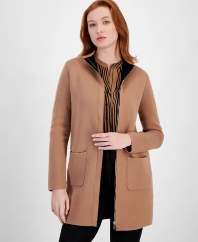 T Tahari Women's Funnel-neck Thigh-length Zip Coat In Hazelwood