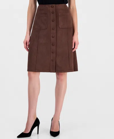 T Tahari Women's High-waisted Midi A-line Faux Suede Skirt In Brown