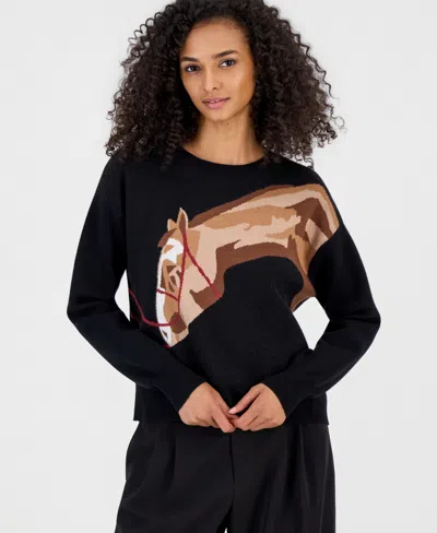 T Tahari Women's Intarsia-knit Horse Graphic Long-sleeve Sweater In Black