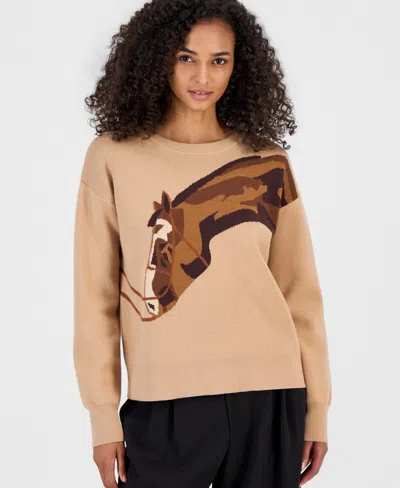 T Tahari Women's Intarsia-knit Horse Graphic Long-sleeve Sweater In Neutral