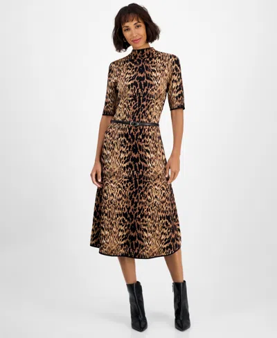 T Tahari Women's Jacquard Animal-print Fit & Flare Dress In Animal Print