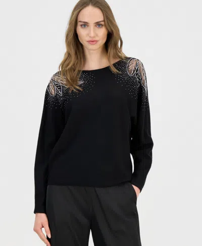 T Tahari Women's Lace-inset Dolman-sleeve Sweater In Black