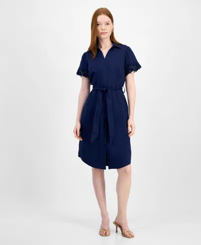T Tahari Women's Lace-trim Short-sleeve Shirtdress In Navy