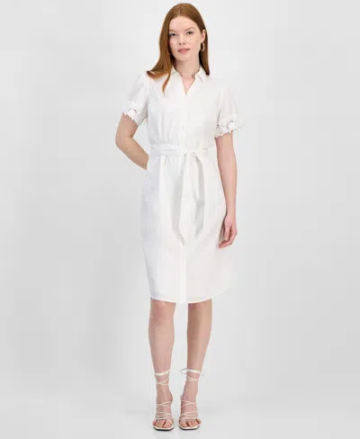 T Tahari Women's Lace-trim Short-sleeve Shirtdress In White