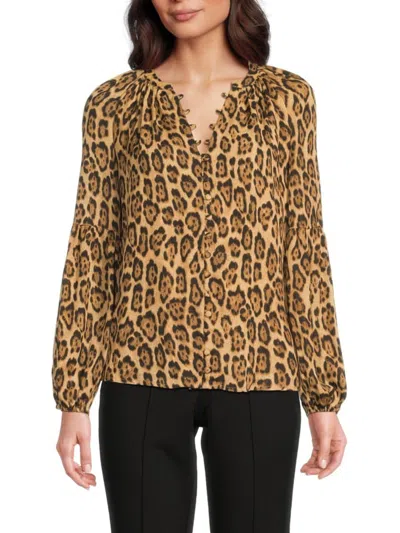 T Tahari Women's Leopard-print Button-front Blouse In Brown