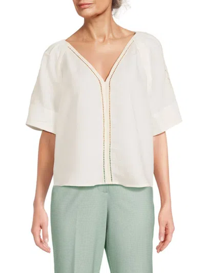 T Tahari Women's Linen-blend Ladder-stitched V-neck Blouse