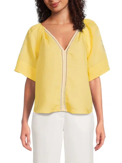 T Tahari Women's Linen-blend Ladder-stitched V-neck Blouse