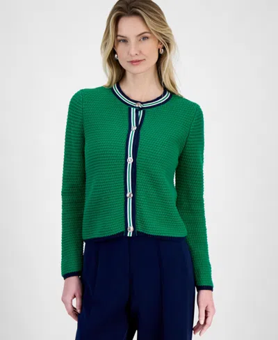T Tahari Women's Long-sleeve Button-up Sweater In Green Wave Combo