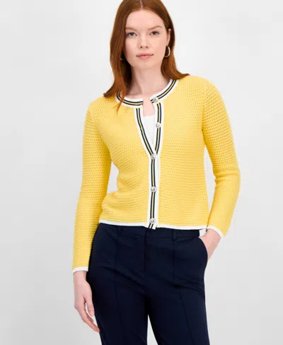 T Tahari Women's Long-sleeve Button-up Sweater In Yellow Sky,white