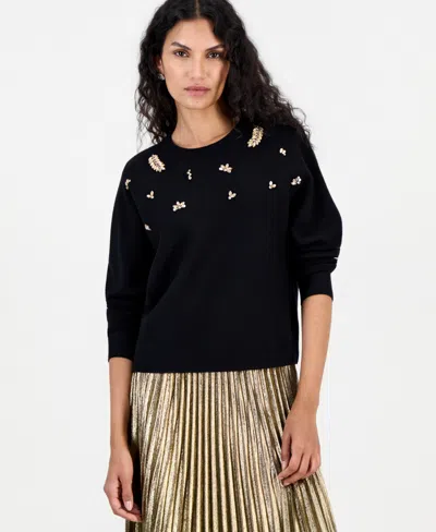 T Tahari Women's Long-sleeve Embellished Dolman Pullover Sweater In Black