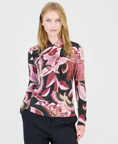 T Tahari Women's Long-sleeve Mock-neck Floral-print Blouse In Multi