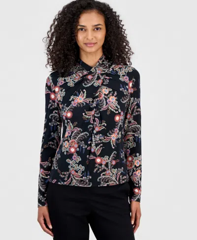 T Tahari Women's Long-sleeve Paisley Draped-neck Blouse In Black