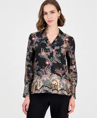 T Tahari Women's Long-sleeve Split-collar Paisley-print Blouse In Animal Print