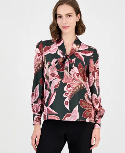 T Tahari Women's Long-sleeve V-neck Bow Tie Floral-print Blouse In Green