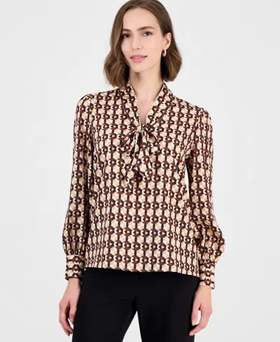T Tahari Women's Long-sleeve V-neck Bow Tie Geometric-print Blouse In Brown
