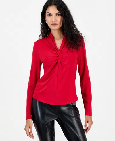 T Tahari Women's Long-sleeve V-neck Twist-front Blouse In Red