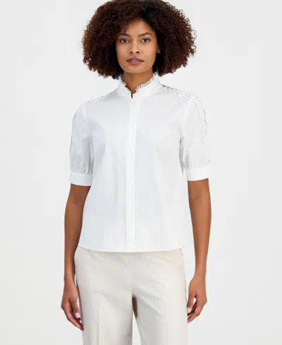 T Tahari Women's Mandarin-collar Lace-trim Blouse In White