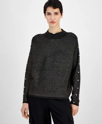 T Tahari Women's Metallic Embellished Ribbed Mock-neck Sweater In Black,gold