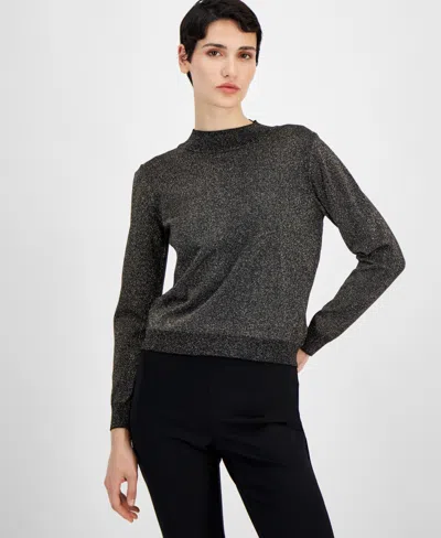 T Tahari Women's Metallic Mock-neck Long-sleeve Sweater In Black,gold Lurex