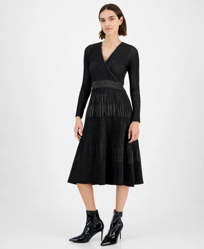 T Tahari Women's Metallic Ribbed Surplice Fit & Flare Dress, Created For Macy's In Black Lurex