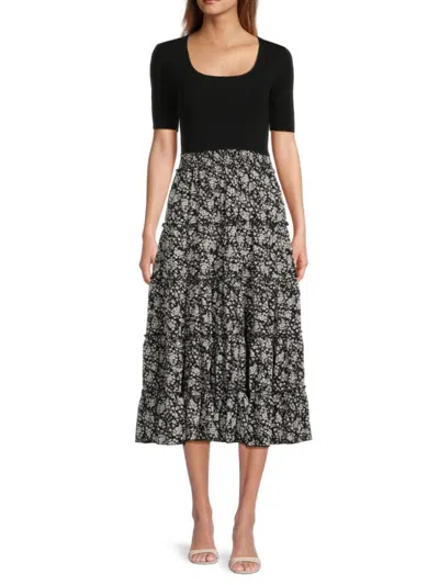 T Tahari Women's Mixed Media Floral Midi Dress In Black White