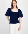 T Tahari Women's Mixed-media Square-neck Puff-sleeve Top