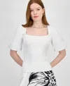 T Tahari Mixed Media Blouson Top In White