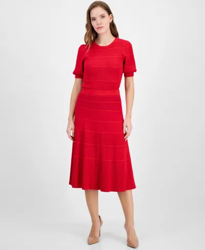 T Tahari Women's Mixed-rib Tiered Flared Midi Skirt In Gala Red,pink Heart