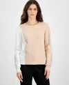 T Tahari Women's Mixed-stitch Colorblocked Sweater In Soft Tan,white