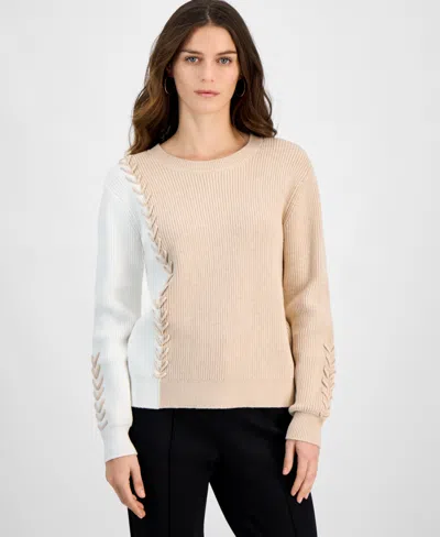 T Tahari Women's Mixed-stitch Colorblocked Sweater In Soft Tan,white
