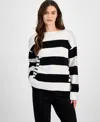 T Tahari Women's Mixed-stripe Boat-neck Long-sleeve Sweater In White Star,black