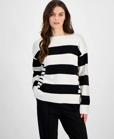 T Tahari Women's Mixed-stripe Boat-neck Long-sleeve Sweater In White Star,black