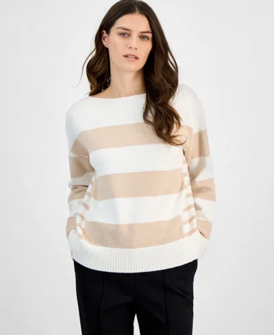 T Tahari Women's Mixed-stripe Boat-neck Long-sleeve Sweater In White Star,tan