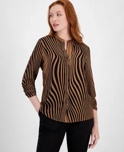 T Tahari Women's Mixed-stripe Mandarin Collar Blouse In Brown