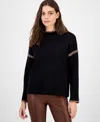 T Tahari Women's Mock-neck Embroidered-stitch Sweater In Black
