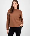T Tahari Women's Mock-neck Embroidered-stitch Sweater In Brown