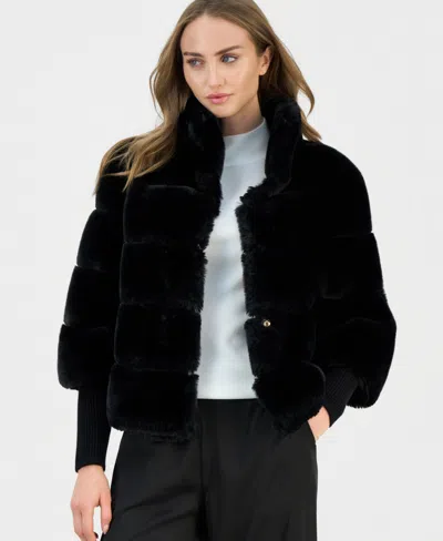 T Tahari Women's Mock Neck Faux-fur Jacket In Black