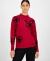 T Tahari Women's Mock Neck Floral Embroidered Sweater In Red