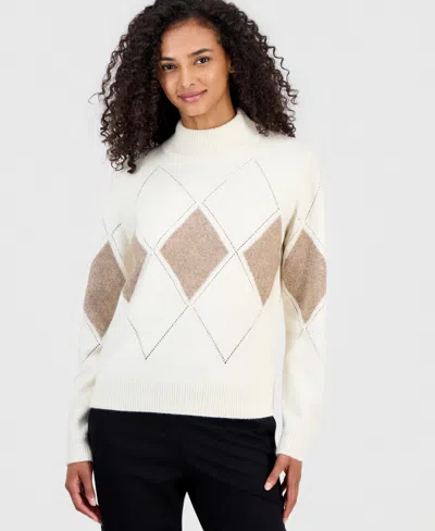 T Tahari Mock Neck Pointelle Argyle Sweater In Neutral