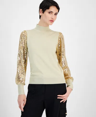 T Tahari Women's Mock-neck Sheer Sequined-sleeve Top In Satin Lurex