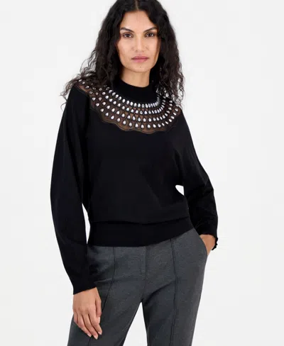 T Tahari Women's Mock-neck Dolman-sleeve Lace Sweater In Blue