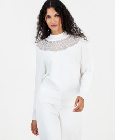T Tahari Women's Mock-neck Dolman-sleeve Lace Sweater In White