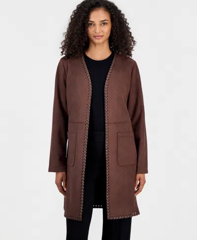 T Tahari Women's Open-front Faux-leather Whipstitch Cardigan In Brown