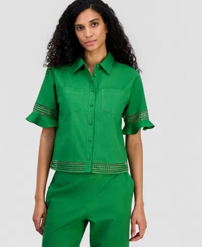 T Tahari Women's Open-trim Ruffled-cuff Blouse In Multi