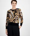 T Tahari Women's Paisley-print Crewneck Long-sleeve Sweater In Hazelwood